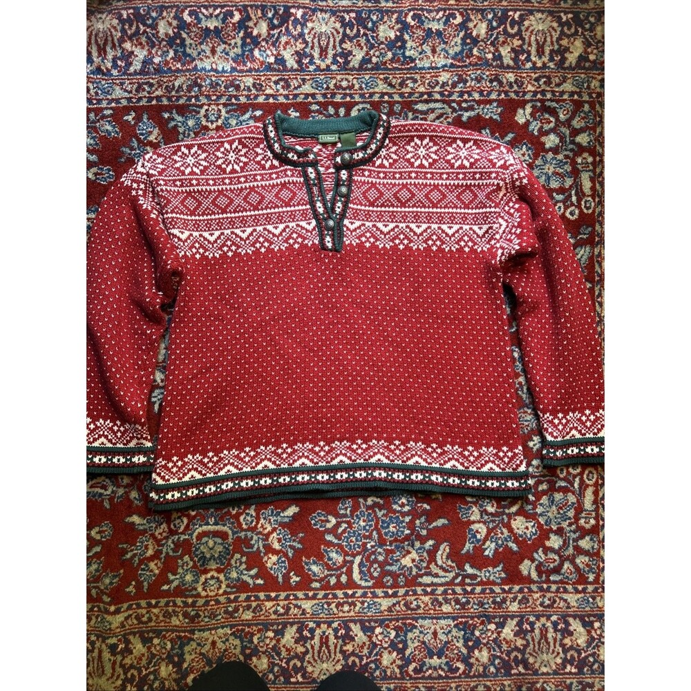 Vtg LL Bean Fair Isle Print Cotton Cottagecore Cardigan Sweater Womens Sz Large